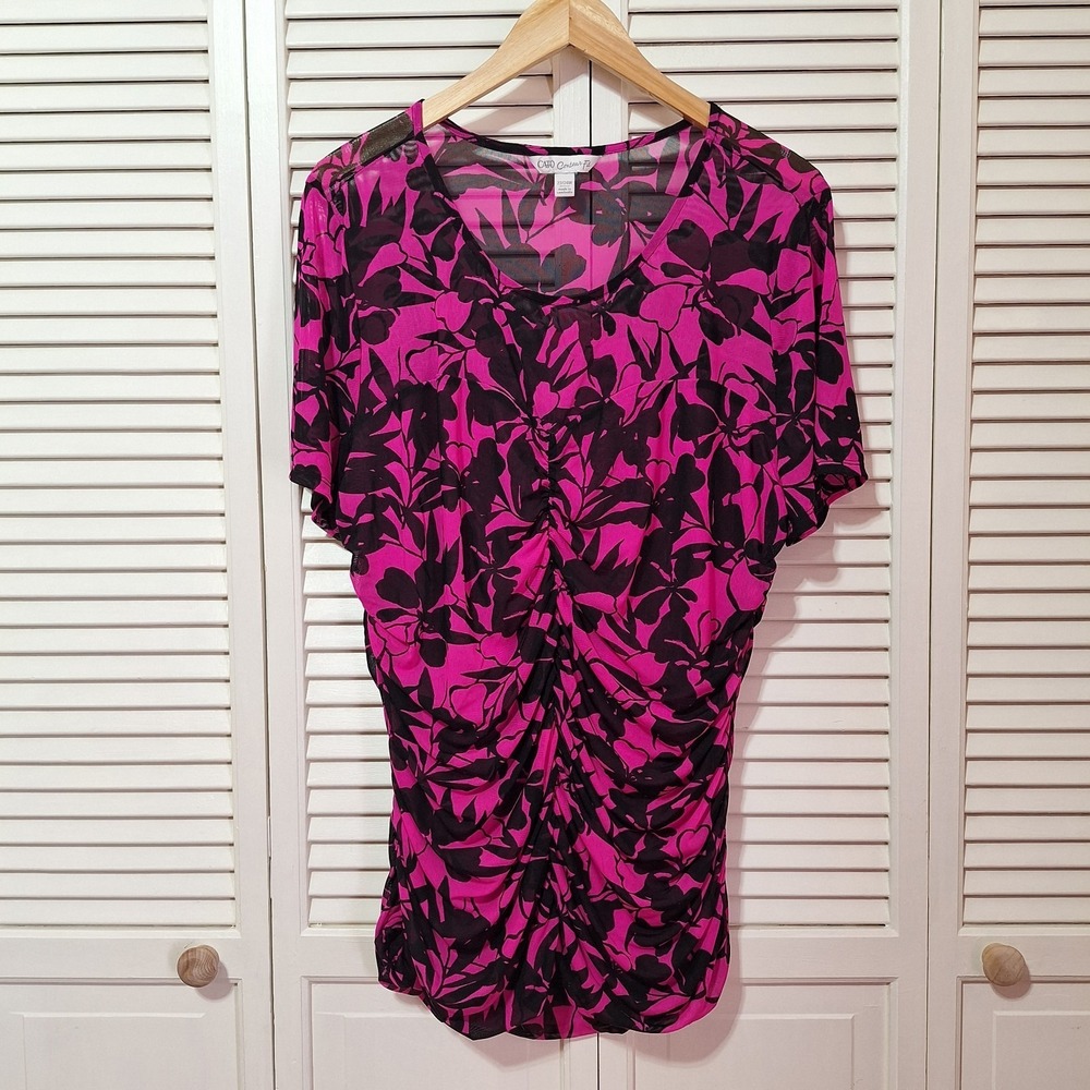 Cato Contour Fit Womens 22/24W Pull On Top Pink Black Floral Mesh Ruched Cinched